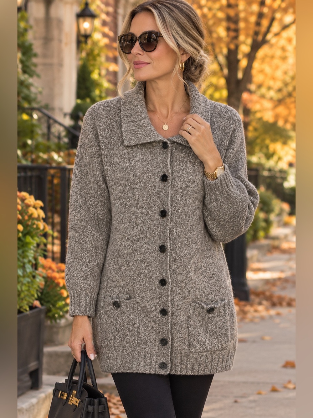Cozy Grey Button-Front Women's Sweater Cardigan